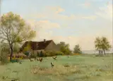 Alfred Garcement, A rural scene with a farmhouse and roosters in a yard, oil on canvas