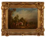 Travellers on horseback outside a farmhouse; Travellers on a country road (a pair) by Continental School, both oil on panel, sold Sep 2011