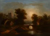 Geré, A river landscape at dusk, oil on canvas