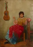 M. Espinosa, A seated woman with a guitar; a seated woman smoking a cigarette (a pair), both oil on panel