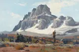 Ralph Love, Snowcapped Mountain beyond distant plains, oil on board