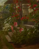 Floral garden steps with a lighthouse beyond by American School, oil on canvas, offered Sep 2011
