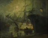 George Thompson-Pritchard, Harbor scene under moonlit sky, oil on canvas