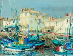 Jean Rigaud, Harbor scene with boats, oil on canvas