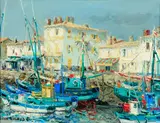 Jean Rigaud, Harbor scene with boats, oil on canvas