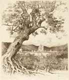 George Elbert Burr, Florence from Monte Oliveato; Misty Day, Paul's Wharf, London, 1931; 1963, Etchings and drypoint on wove paper, each signed in pencil