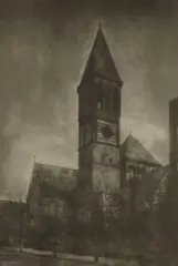 Marguerite E. Dewitt, Untitled (Steeple) (2), 1915, One platinum and one gum bichromate print, the first tipped to creme card then tipped again to thick ochre board, the second mounted to board