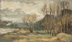Cyril Bouda, Landscape with Poplars, 1940s, Oil on wood