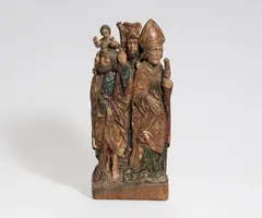 Süddeutsche Schule, Figurengruppe mit dem Heiligen Christopherus, Holzrelief, polychrom gefasst und vergoldet
