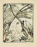 Otto Mueller, Drei Figuren und gekreuzte Stämme, 1916, Lithografie, koloriert auf Werkdruckpapier