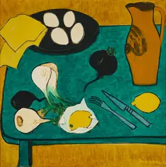 Gerhild Diesner, Ohne Titel (Stillleben vegetarisch), 1958, Öl auf Leinwand