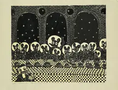 Blalla W. Hallmann, Schießeisen Christ Suppensterns Abendmahl, 1990, Farblinolschnitt auf graugrünem Velin
