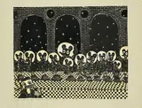Blalla W. Hallmann, Schießeisen Christ Suppensterns Abendmahl, 1990, Farblinolschnitt auf graugrünem Velin