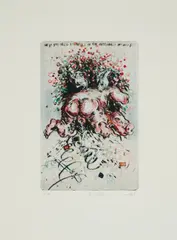 Ulrike Theusner, Big Balls (Aus: The Tragic Life of Desperate Artbitches), 2015, Kaltnadel, koloriert mit Tusche und Aquarell auf Bütten