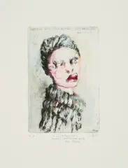Ulrike Theusner, I'm not interested in your art I just wanna eat your pussy (Aus: The Tragic Life of Desperate Artbitches), 2015, Kaltnadel, koloriert mit Tusche und Aquarell auf Büttenkarton