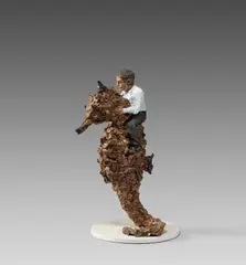 Stephan Balkenhol, Mann auf Seepferdchen, 2019, Bronze, patiniert und farbig gefasst