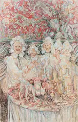 Ulrike Theusner, "A Spiteful Dinner. A Rake's Progress, Chapter III", 2019/20, Öl auf Leinwand