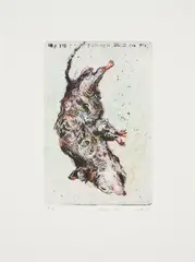 Ulrike Theusner, Dollar Rat, 2015, Kaltnadel, koloriert mit Tusche und Aquarell auf Bütten