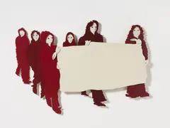 "Demo" by Thorsten Passfeld, 2010, Holzrelief, farbig gefasst, sold Jun 2024