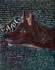 Paule Hammer, Fang, 2010, Mischtechnik (Öl, Stoff, Batterie, Kabel, Glühbirne und Holzleiste) auf Leinwand