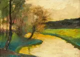 Lesser Ury, Herbstliche Bachlandschaft im Abendlicht (Thüringen), 1904/05, Pastell auf Velin