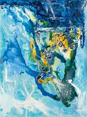 Christian Awe, "Keine Angst, ich springe neben Dir", 2005, Öl, Acryl, Tusche und Sprühlack auf Leinwand