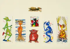 Thitz, Tütenwesen, 2001, Mischtechnik auf 7 Tüten. Auf Karton montiert
