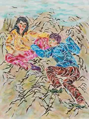 SEO, "Blaue Augen", 2004, Acryl, Tusche, Papier, collagiert auf Leinwand