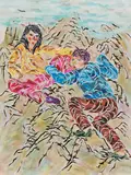 SEO, "Blaue Augen", 2004, Acryl, Tusche, Papier, collagiert auf Leinwand