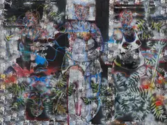Lilli Elsner, "krapprot, uferlos, vogelfrei", 2014, Mischtechnik auf aneinandergefügten Textilbahnen auf Holz