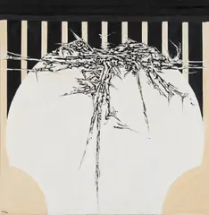 Jaroslav Serpan, "HNT", 1967, Öl über Textilstreifen, collagiert auf Leinwand