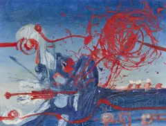Uwe Lausen, Ohne Titel (Rot auf Blau), Um 1963/64, Öl auf Leinwand