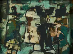 Straßenszene mit Passantin by Werner Scholz, Öl auf Hartfaser, sold Apr 2024