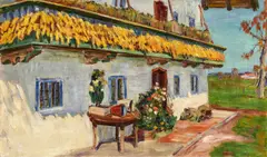 Arnold Balwé, "Bauernhaus mit Mais", Öl auf Leinwand