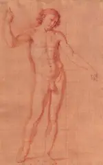 Giuseppe Bottani, Studie eines stehenden männlichen Aktes, Rötel, weiß gehöht, quadriert auf zinnoberrotem Papier