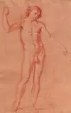 Giuseppe Bottani, Studie eines stehenden männlichen Aktes, Rötel, weiß gehöht, quadriert auf zinnoberrotem Papier