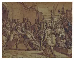 Lazzaro Tavarone, Hommage eines Admirals an einen Prinzen, Federzeichnung, laviert und weiß gehöht auf Papier