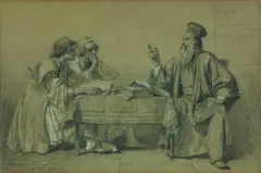 Francesco Beda, Drei Orientalen im Gespräch, Schwarzer Stift, weiß gehöht auf Papier