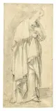 Lorenzo De Ferrari, Studie einer stehenden Figur (Die Jungfrau der Verkündigung), Schwarzer Stift, weiß gehöht auf Papier