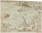 Carlo Antonio Tavella, Landschaft mit dem Hl. Johannes in der Wüste, Federzeichnung auf Papier
