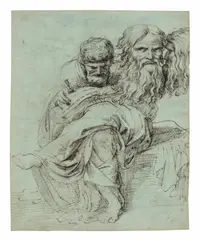 Luigi Sabatelli, Philosoph sitzend in Meditation und zwei Köpfe eines alten Mannes, Federzeichnung auf Papier