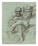 Luigi Sabatelli, Philosoph sitzend in Meditation und zwei Köpfe eines alten Mannes, Federzeichnung auf Papier