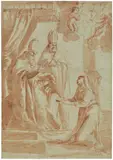 Giovanni Francesco Guerrieri, Die Heilige Katharina vor dem Papst (?), Feder und braune Tinte, laviert auf beigem Papier