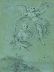 Stefano Pozzi, Porträt eines vom Ruhm in den Triumph getragenen Herrn, Schwarzer Stift, weiß gehöht auf Papier