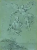 Stefano Pozzi, Porträt eines vom Ruhm in den Triumph getragenen Herrn, Schwarzer Stift, weiß gehöht auf Papier