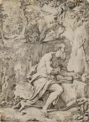Domenico Peruzzini, Der büßende Hieronymus mit dem Löwen, Radierung (quadriert) auf Papier