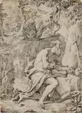 Domenico Peruzzini, Der büßende Hieronymus mit dem Löwen, Radierung (quadriert) auf Papier
