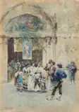 Italienische Schule, Gesellschaft vor dem Kirchenportal, Aquarell auf Papier