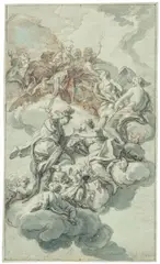 Antonio Manno, Amor und Psyche auf dem Olymp, Aquarellierte Federzeichnung, quadriert auf Papier