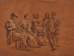 Giuseppe Sabatelli, Gruppe von sitzenden Figuren, die der Lesung von Gerusalemme Liberata folgen, Schwarzer Stift, weiß gehöht auf Papier